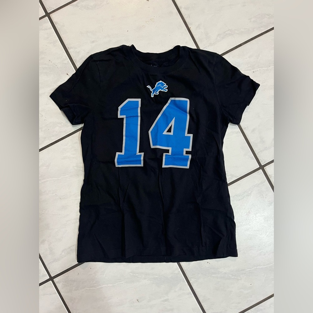 Women’s Detroit Lions Black and Blue Number 14 T-Shirt